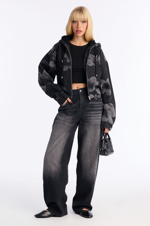 Born To Bloom Hooded Denim Jacket - Black Wash