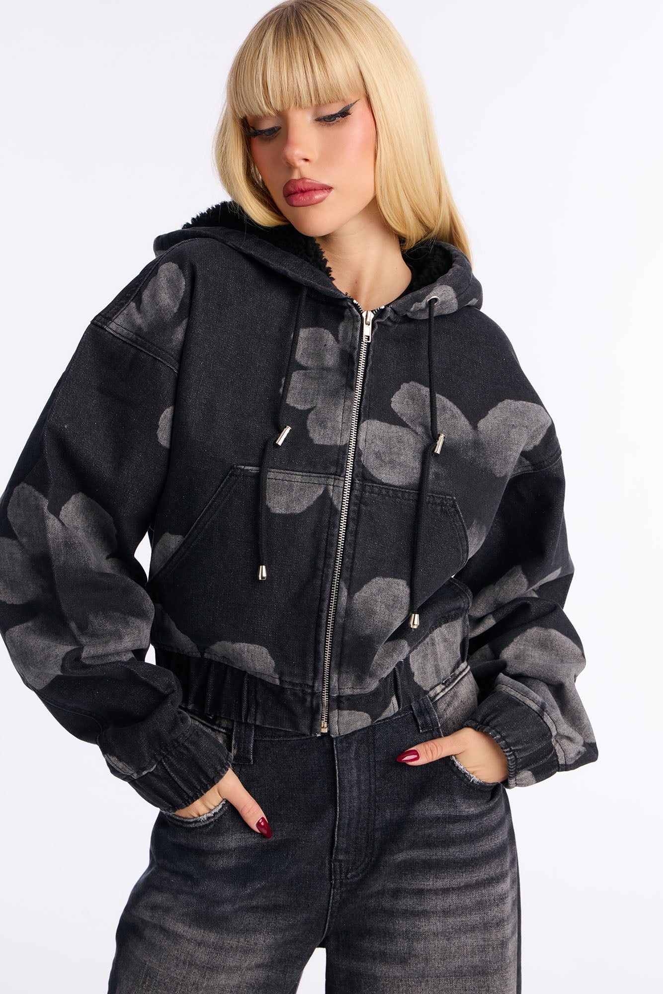 Born To Bloom Hooded Denim Jacket - Black Wash