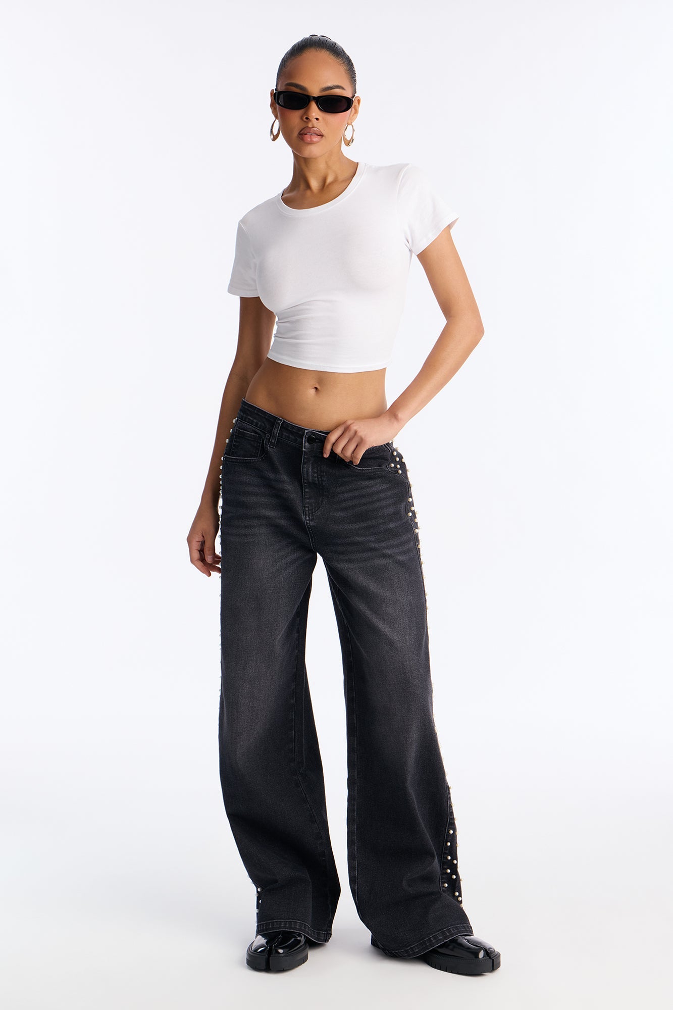 Pearls Of Wisdom Embellished Wide Leg Jeans - Black Wash