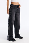 Pearls Of Wisdom Embellished Wide Leg Jeans - Black Wash