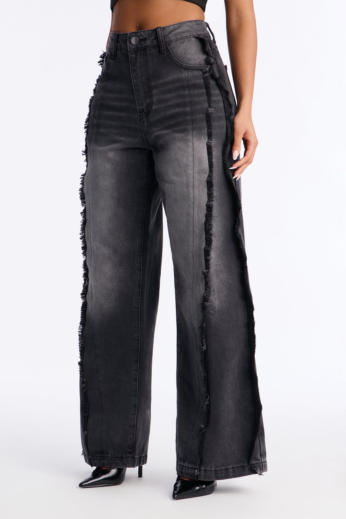 Stick Together Fray Seaming Wide Leg Jeans - Black Wash