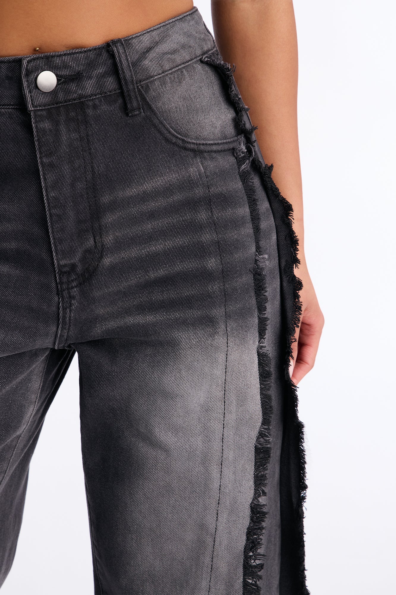 Stick Together Fray Seaming Wide Leg Jeans - Black Wash