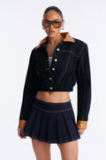Franny Cropped Denim Bomber Jacket - Black/Brown