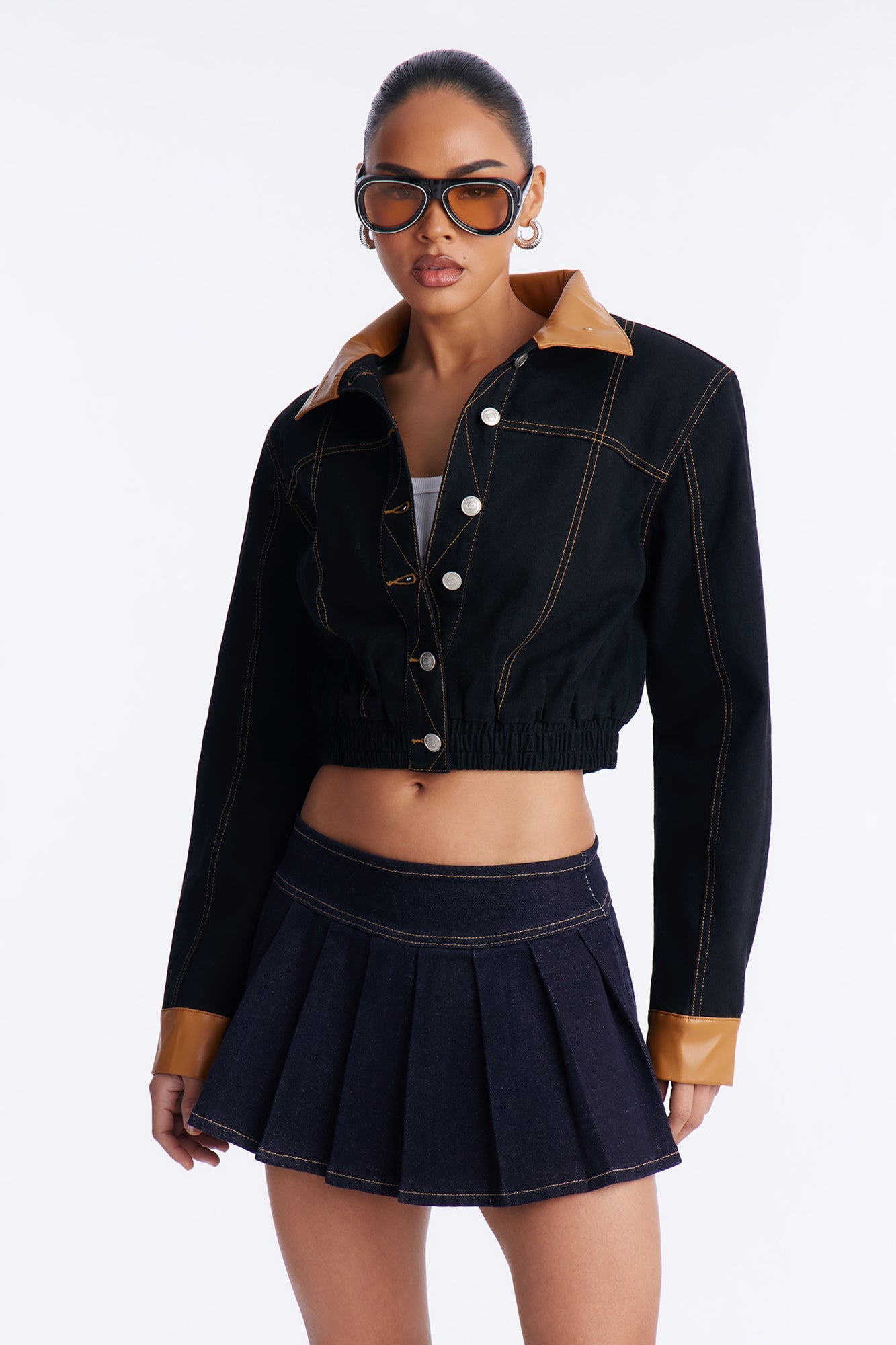 Franny Cropped Denim Bomber Jacket - Black/Brown