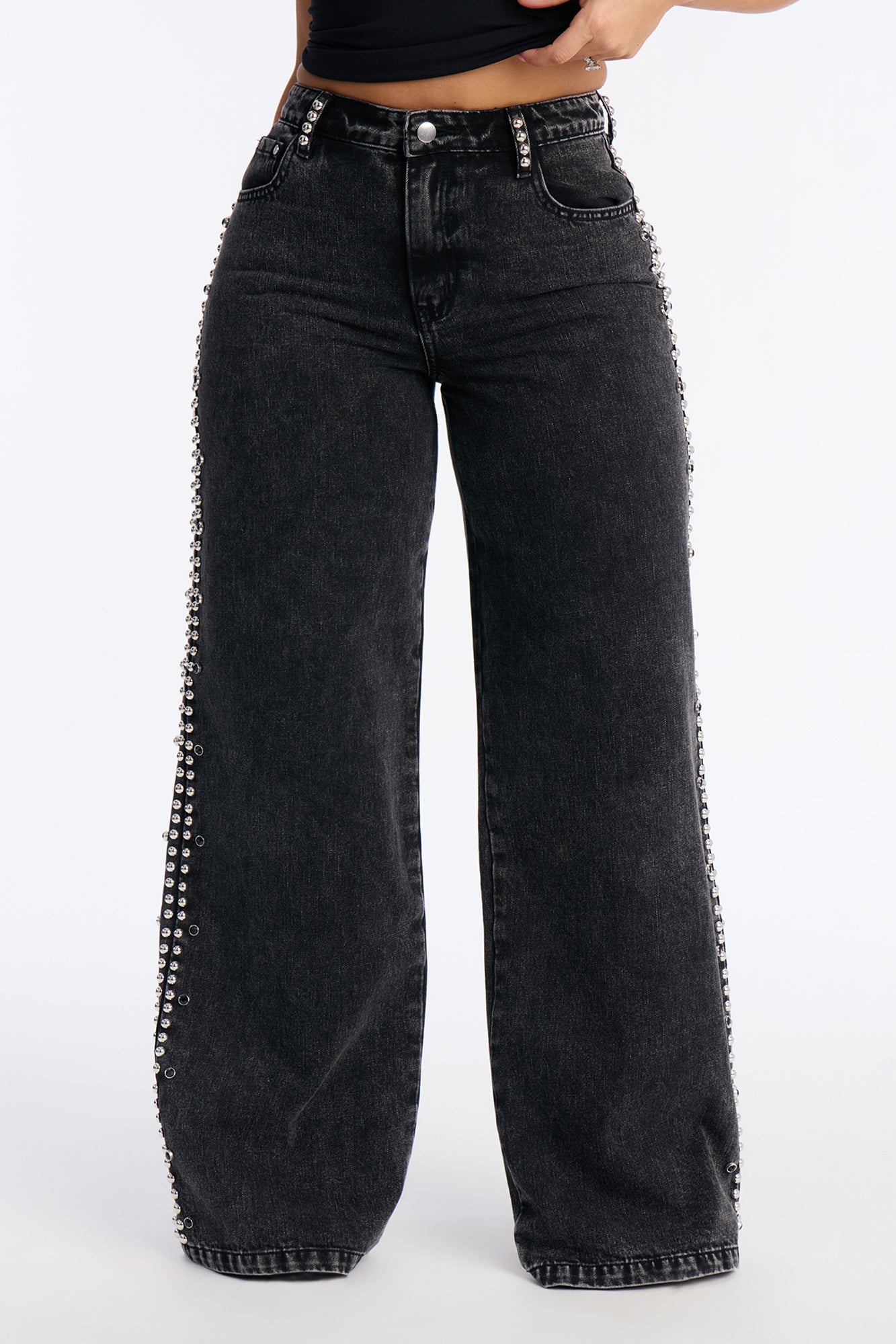 Hollywood Studded Loose Fit Jeans - Black Wash