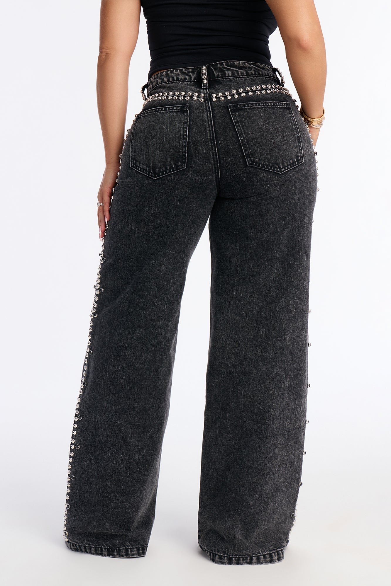 Hollywood Studded Loose Fit Jeans - Black Wash