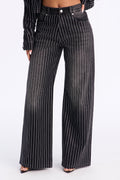 Keep The Bling Embellished Wide Leg Jeans - Black Wash