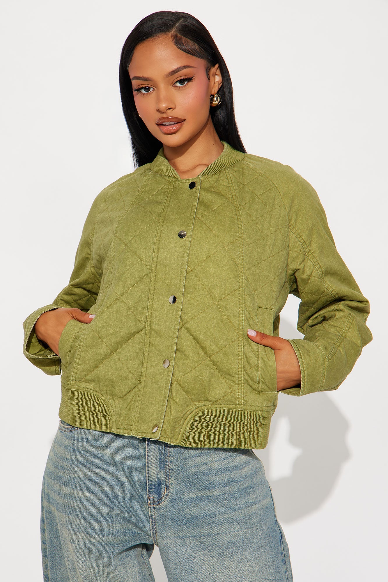 Mara Quilted Washed Bomber Jacket - Olive
