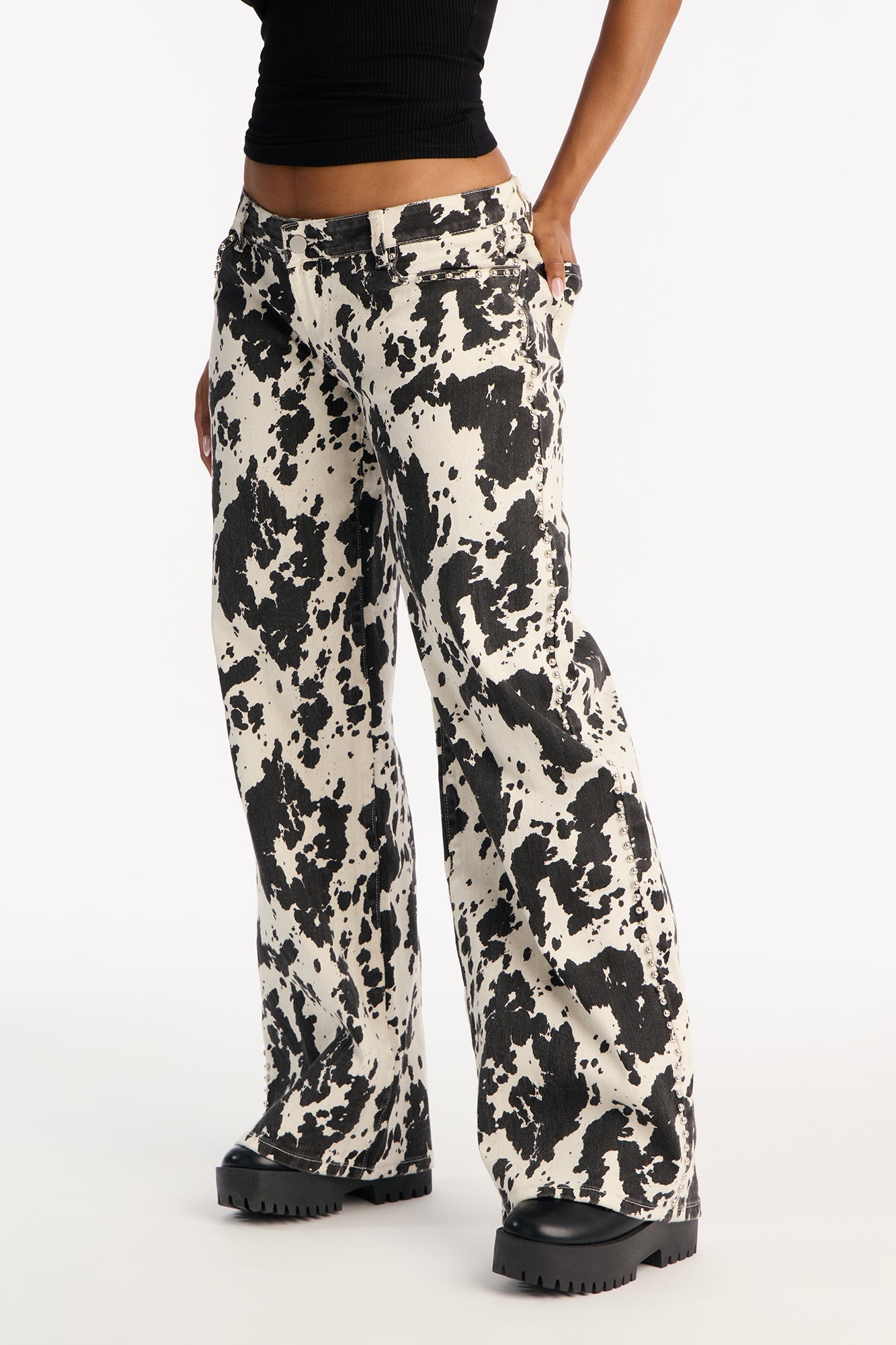Spot On Printed Studded Straight Leg Jeans - Black/White
