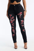 Eternal Rose Embroidered Stretch Skinny Jeans - Black