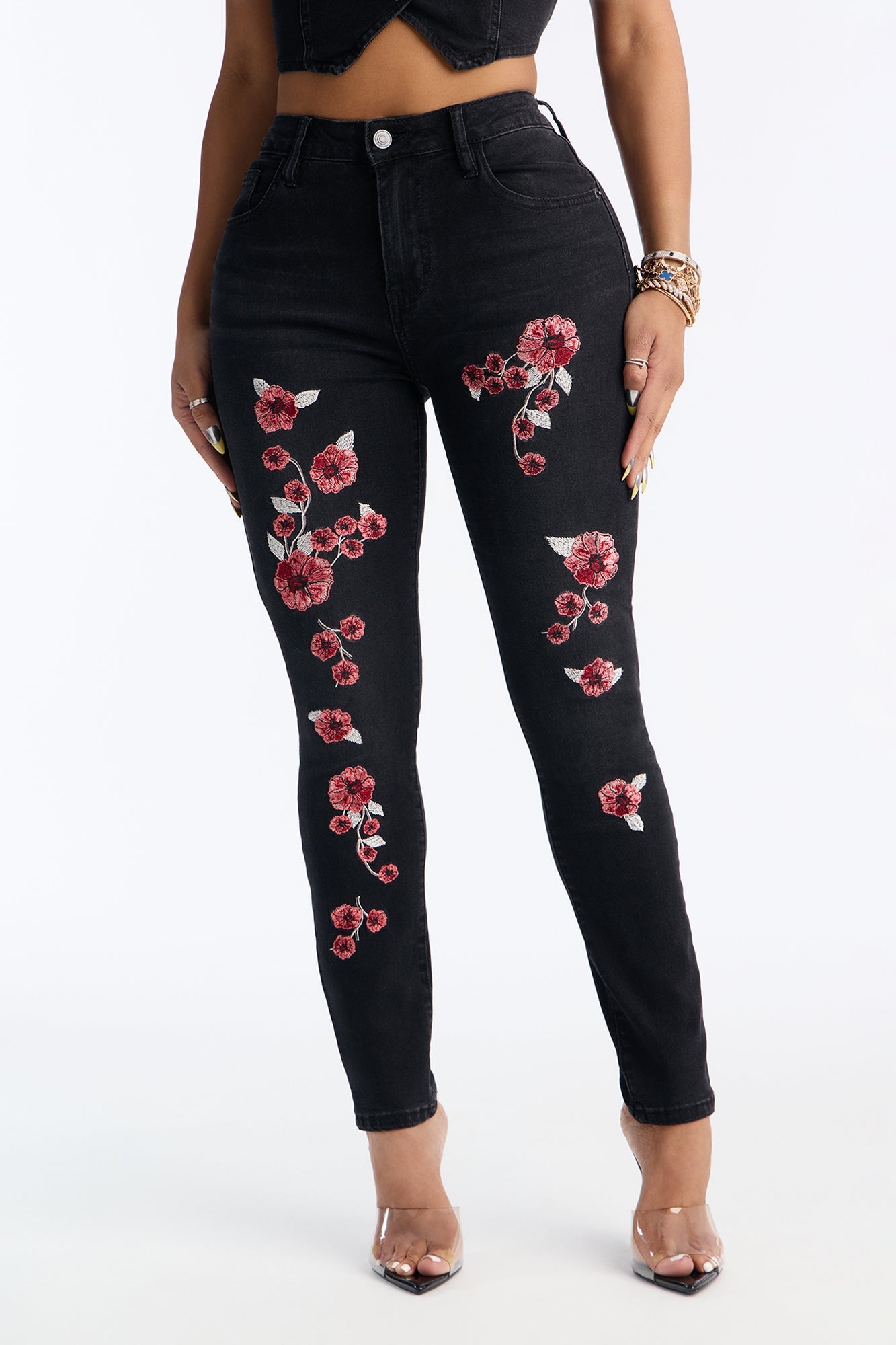 Eternal Rose Embroidered Stretch Skinny Jeans - Black