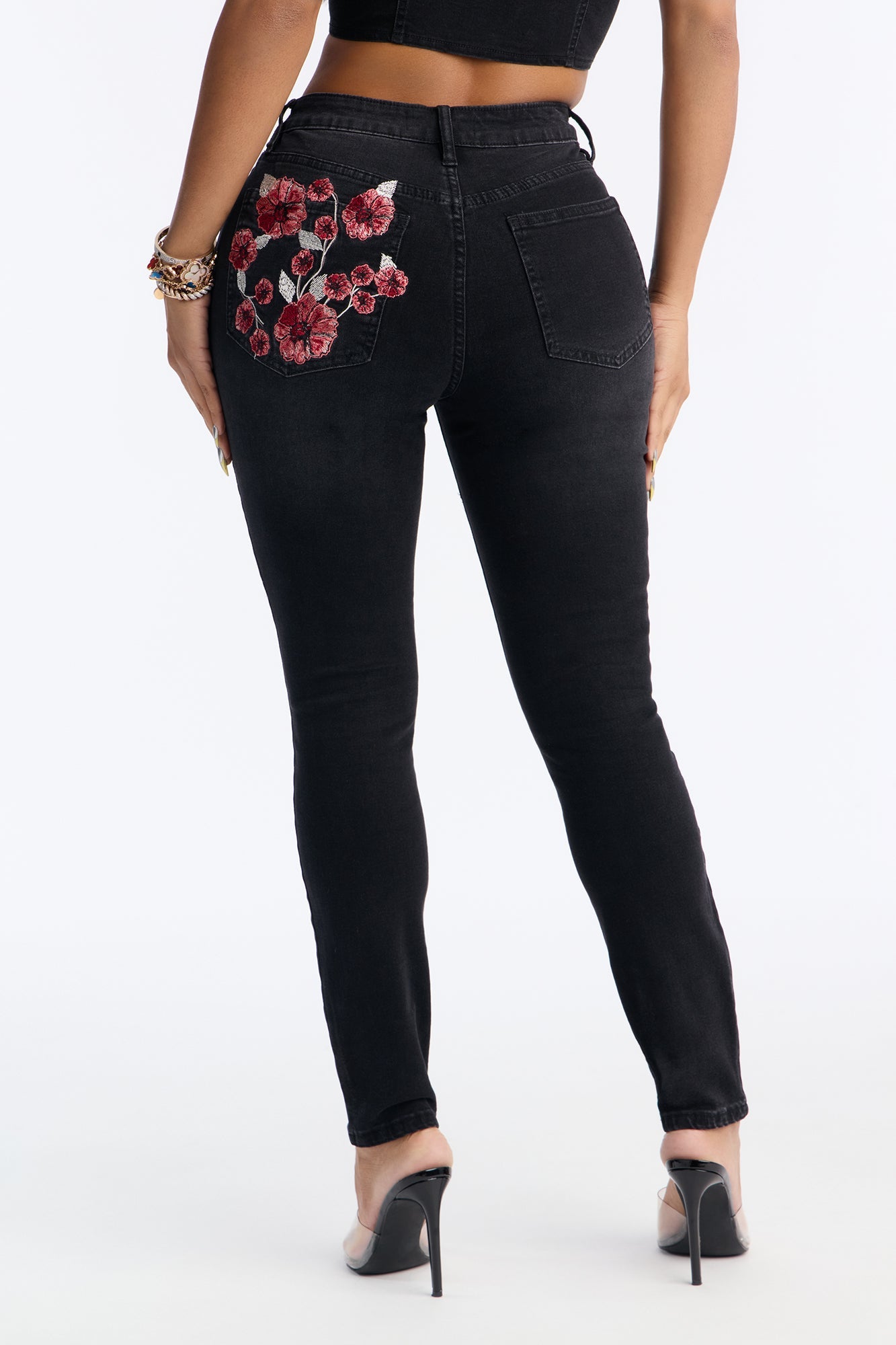 Eternal Rose Embroidered Stretch Skinny Jeans - Black