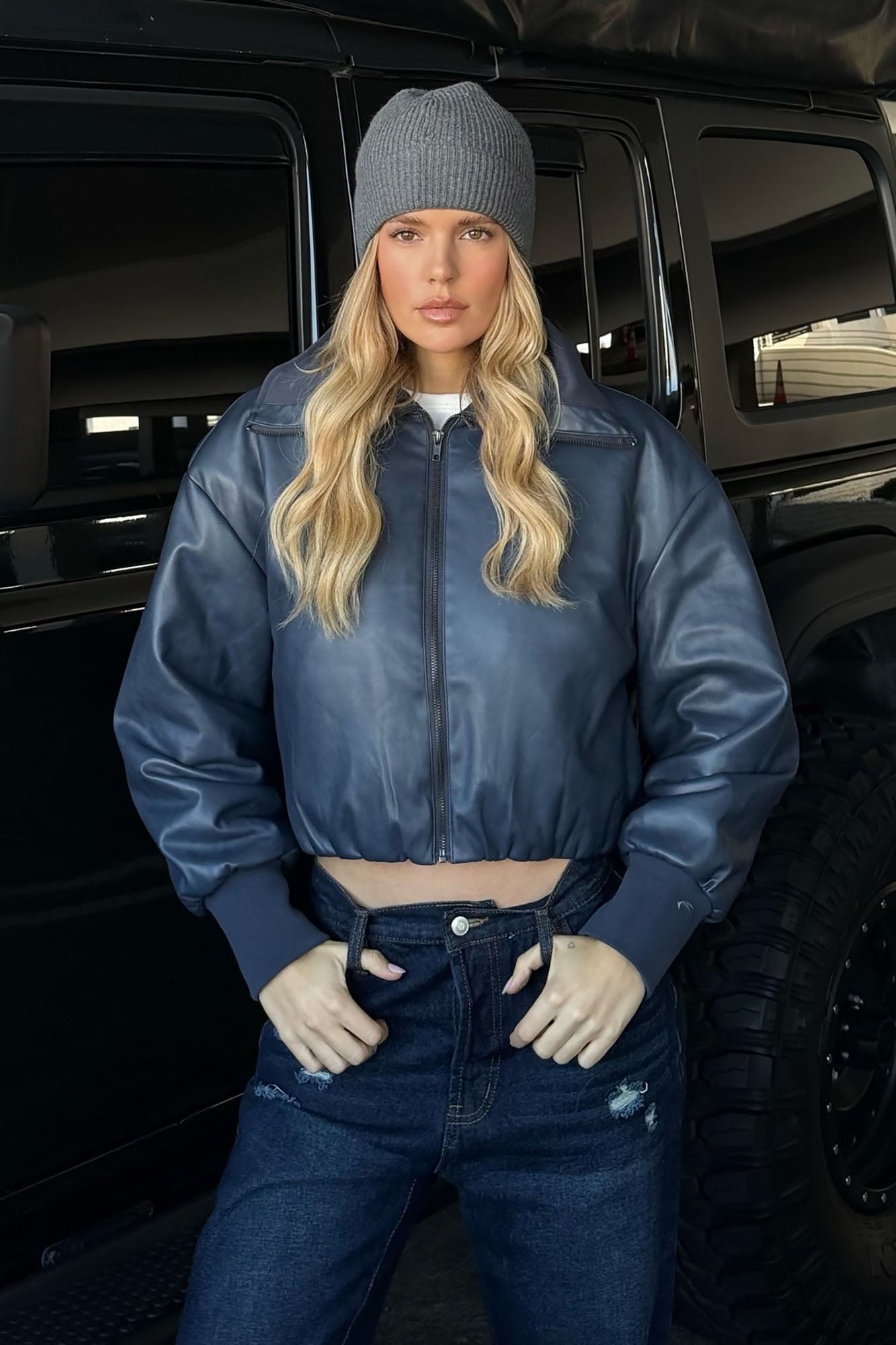 True Desire Washed Faux Leather Bomber Jacket - Navy