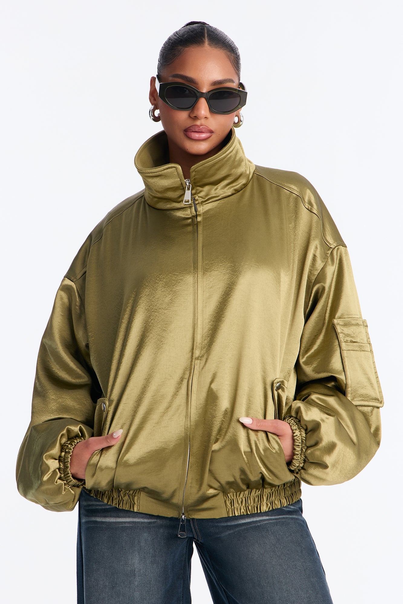 Remy Cargo Satin Bomber Jacket - Olive