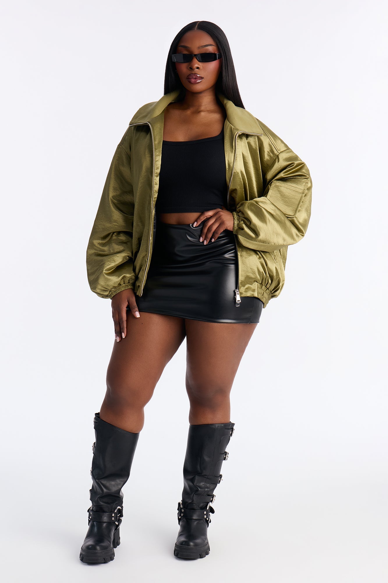 Remy Cargo Satin Bomber Jacket - Olive