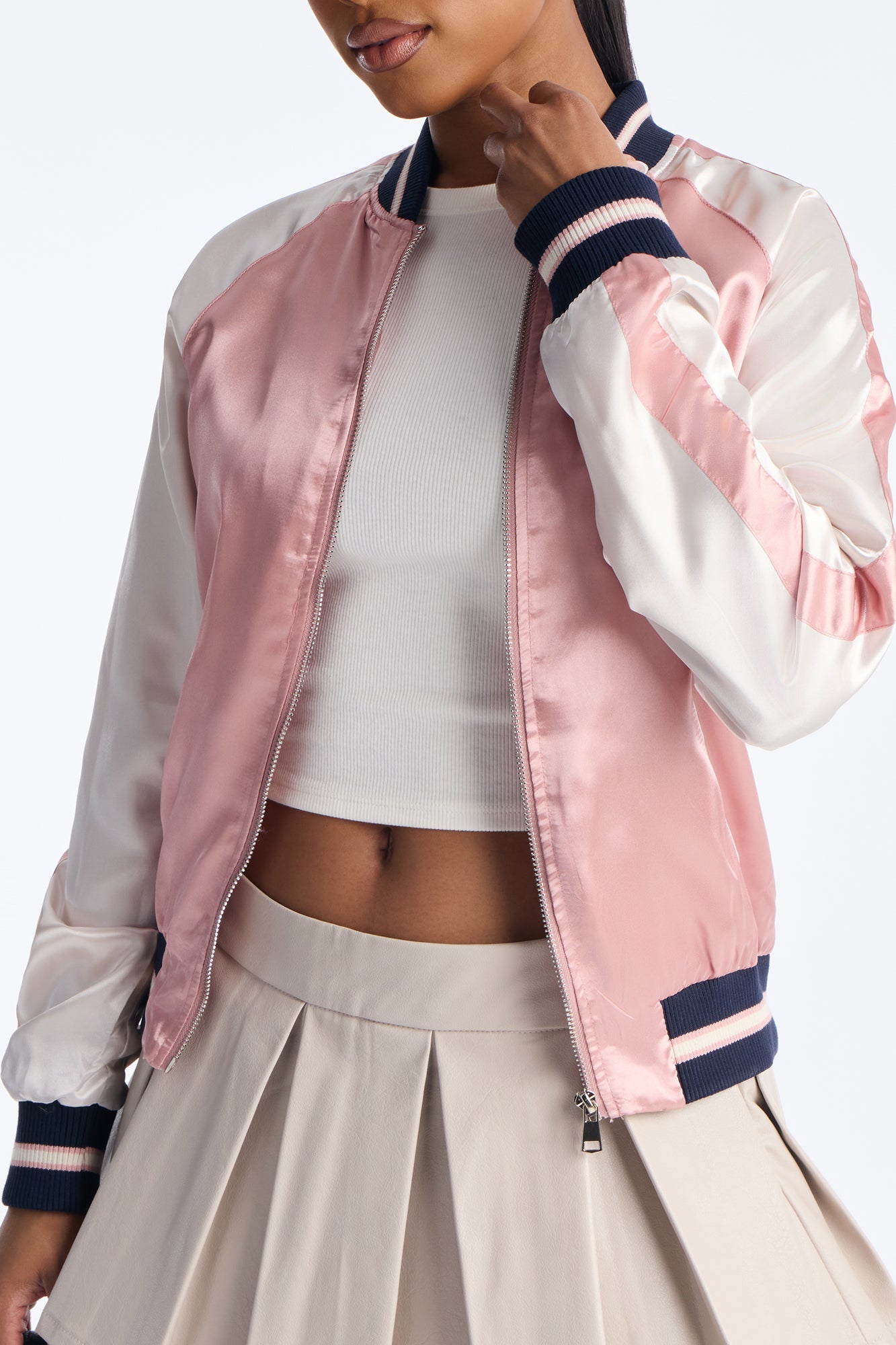 Dolly Satin Varsity Bomber Jacket - Mauve