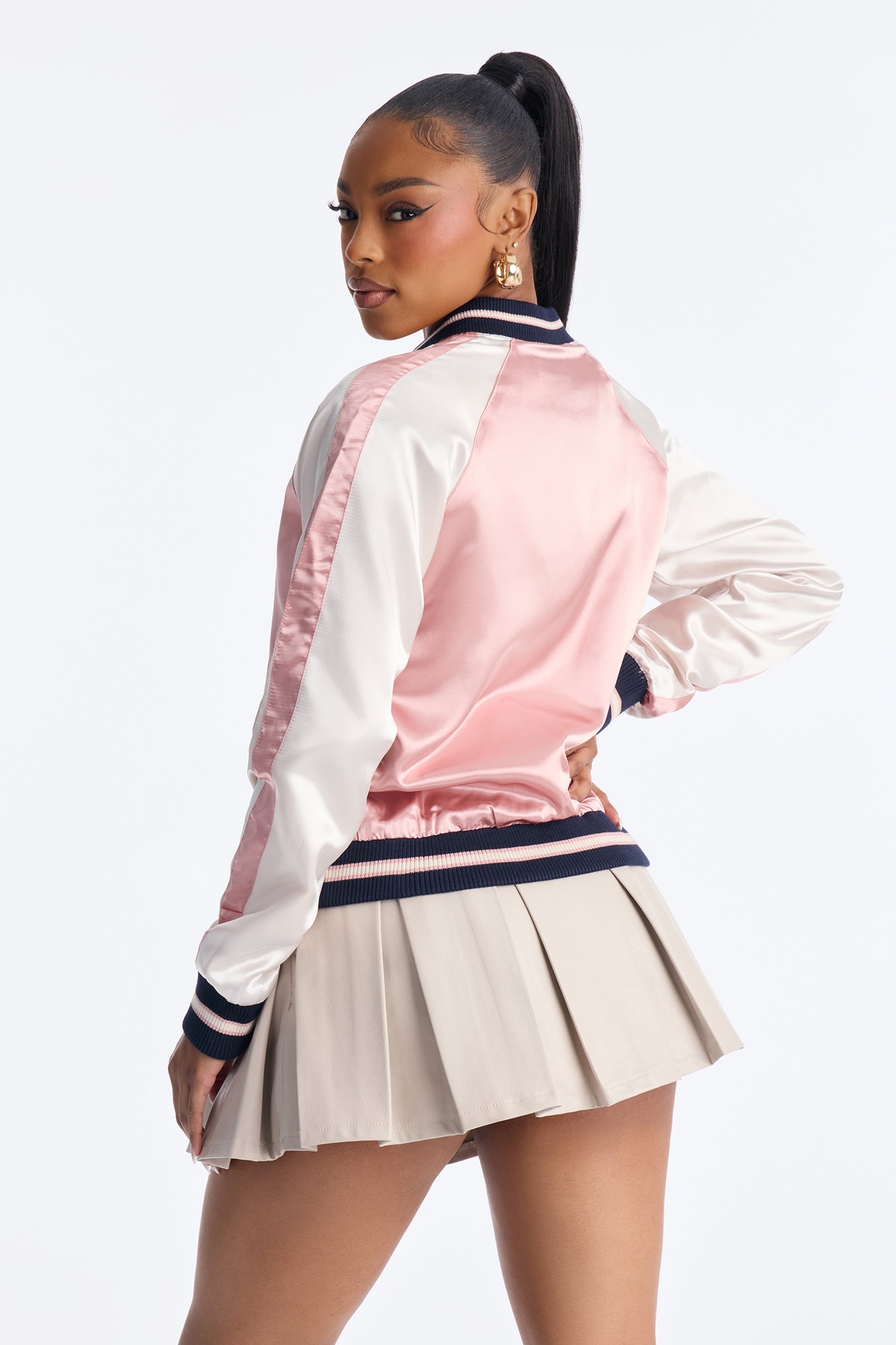 Dolly Satin Varsity Bomber Jacket - Mauve