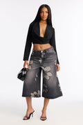 Born To Bloom Wide Leg Culotte Jeans - Black Wash
