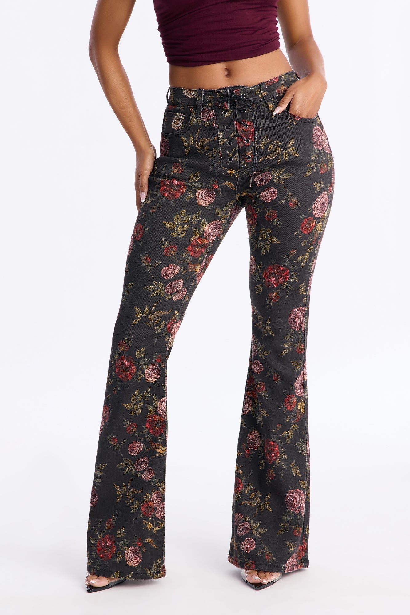 Vida Floral Lace Up Flare Jeans - Black/combo