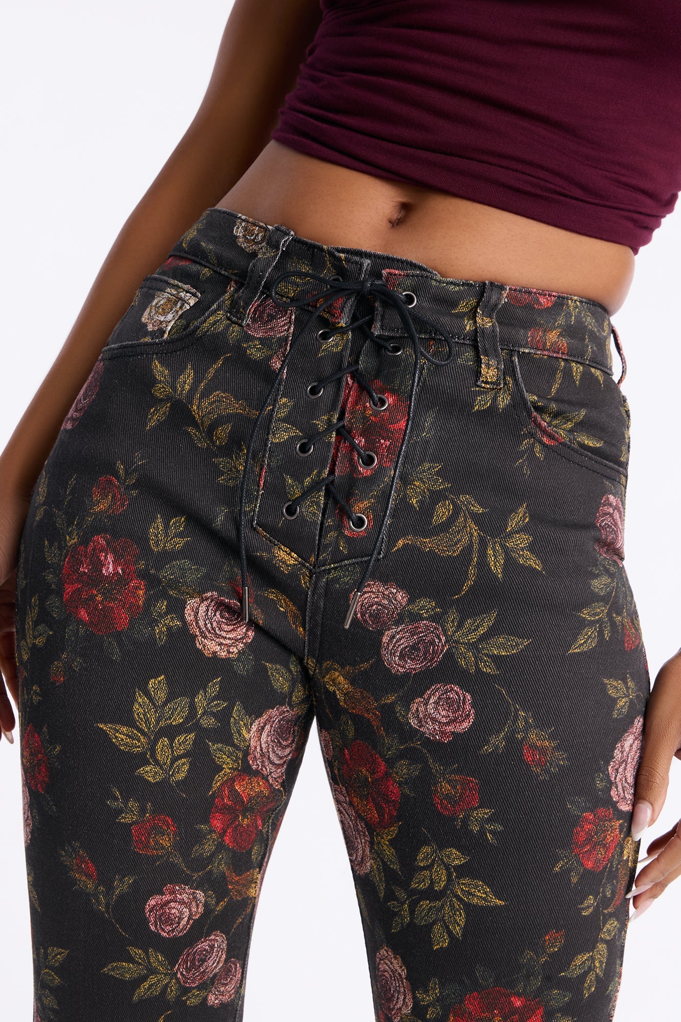 Vida Floral Lace Up Flare Jeans - Black/combo