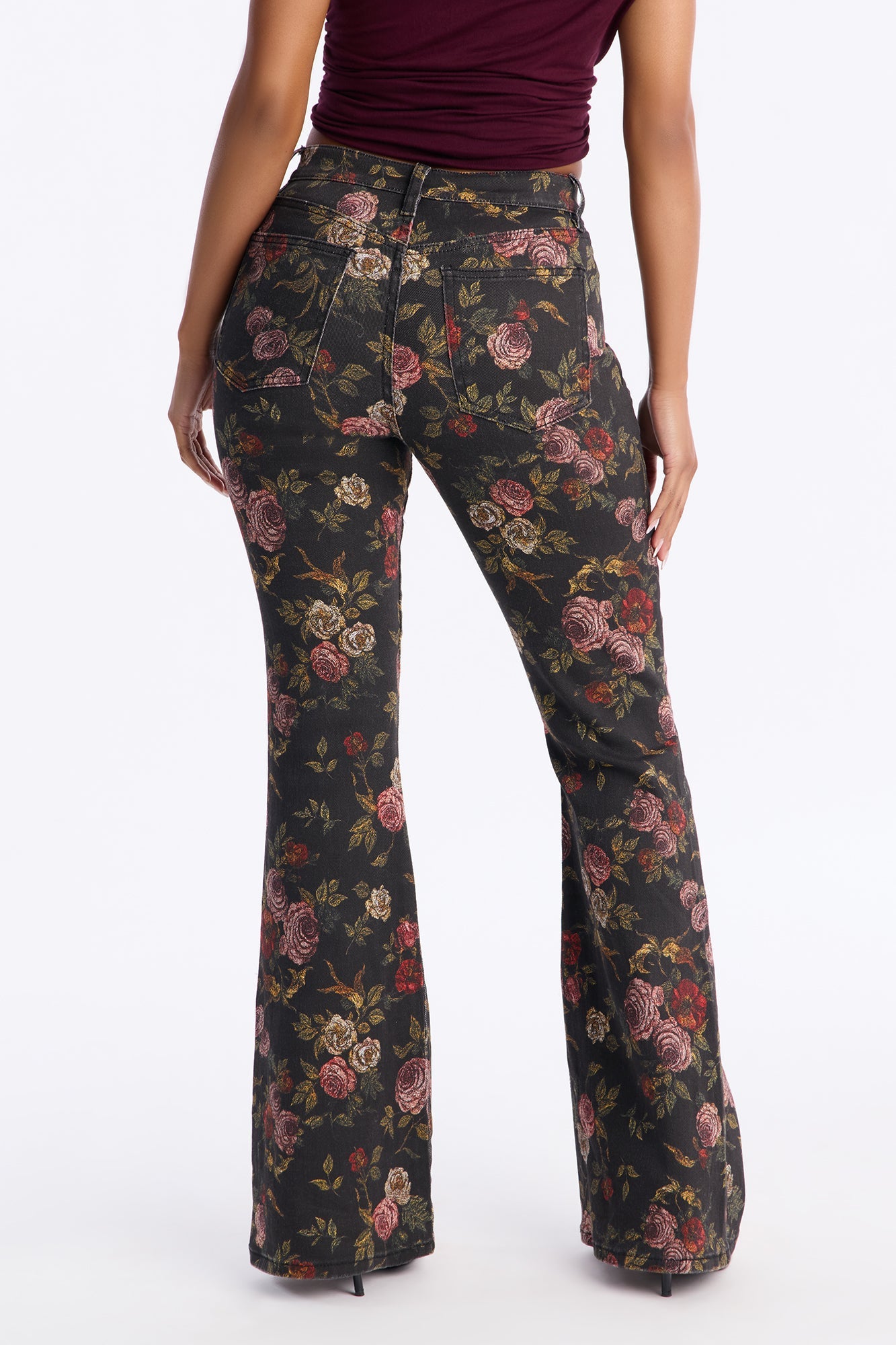 Vida Floral Lace Up Flare Jeans - Black/combo