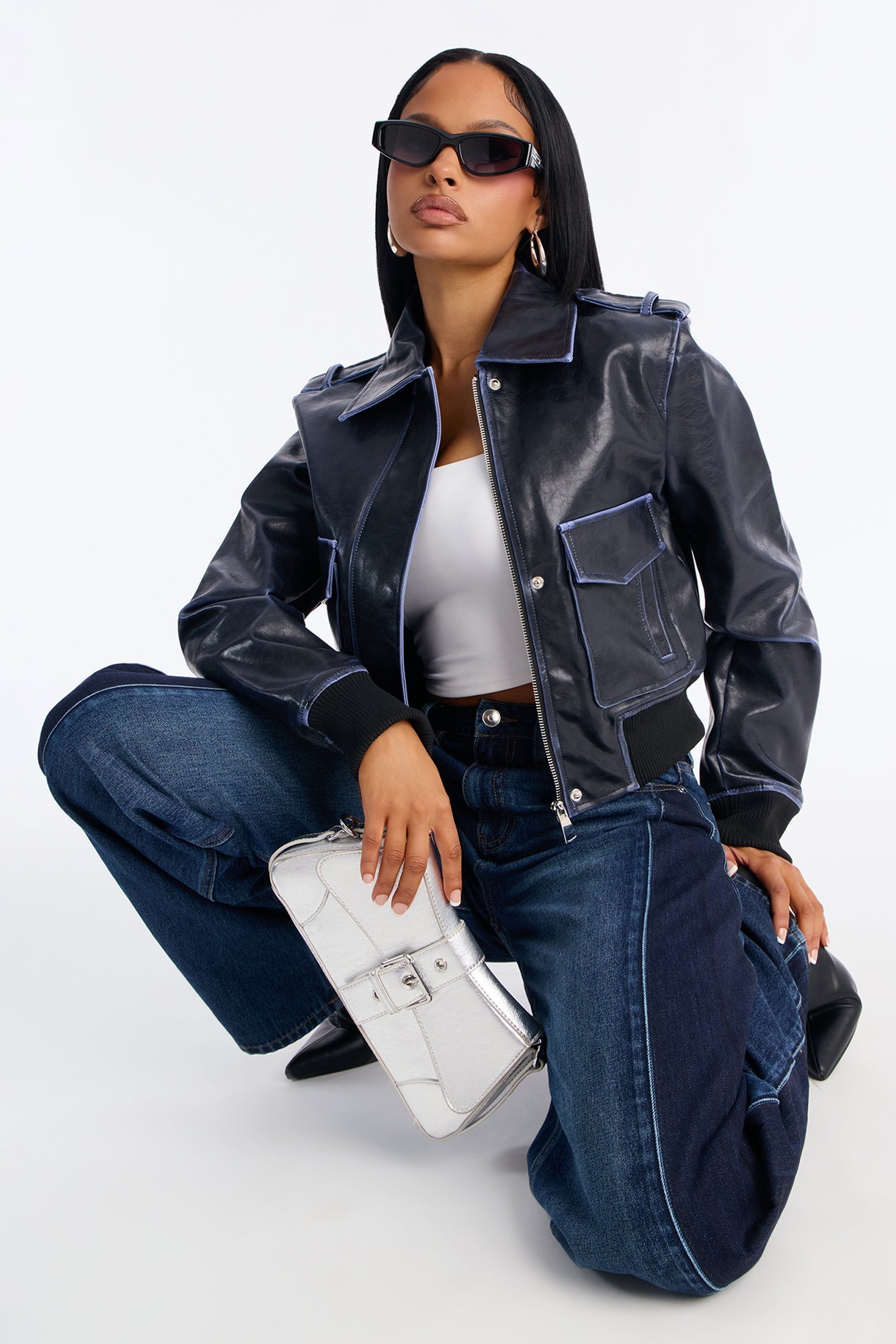 Stevie Cropped Washed Faux Leather Bomber Jacket - Navy