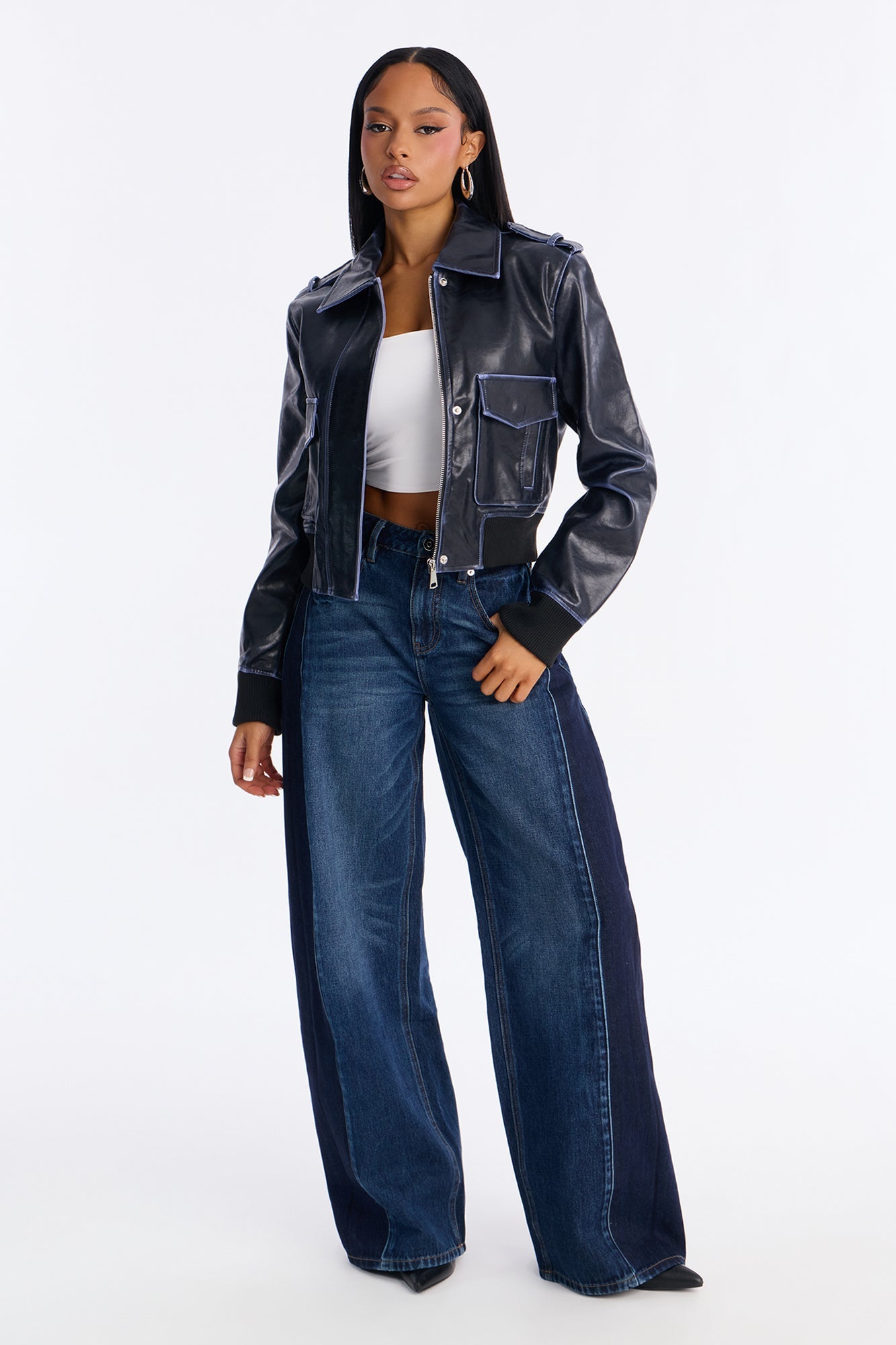 Stevie Cropped Washed Faux Leather Bomber Jacket - Navy
