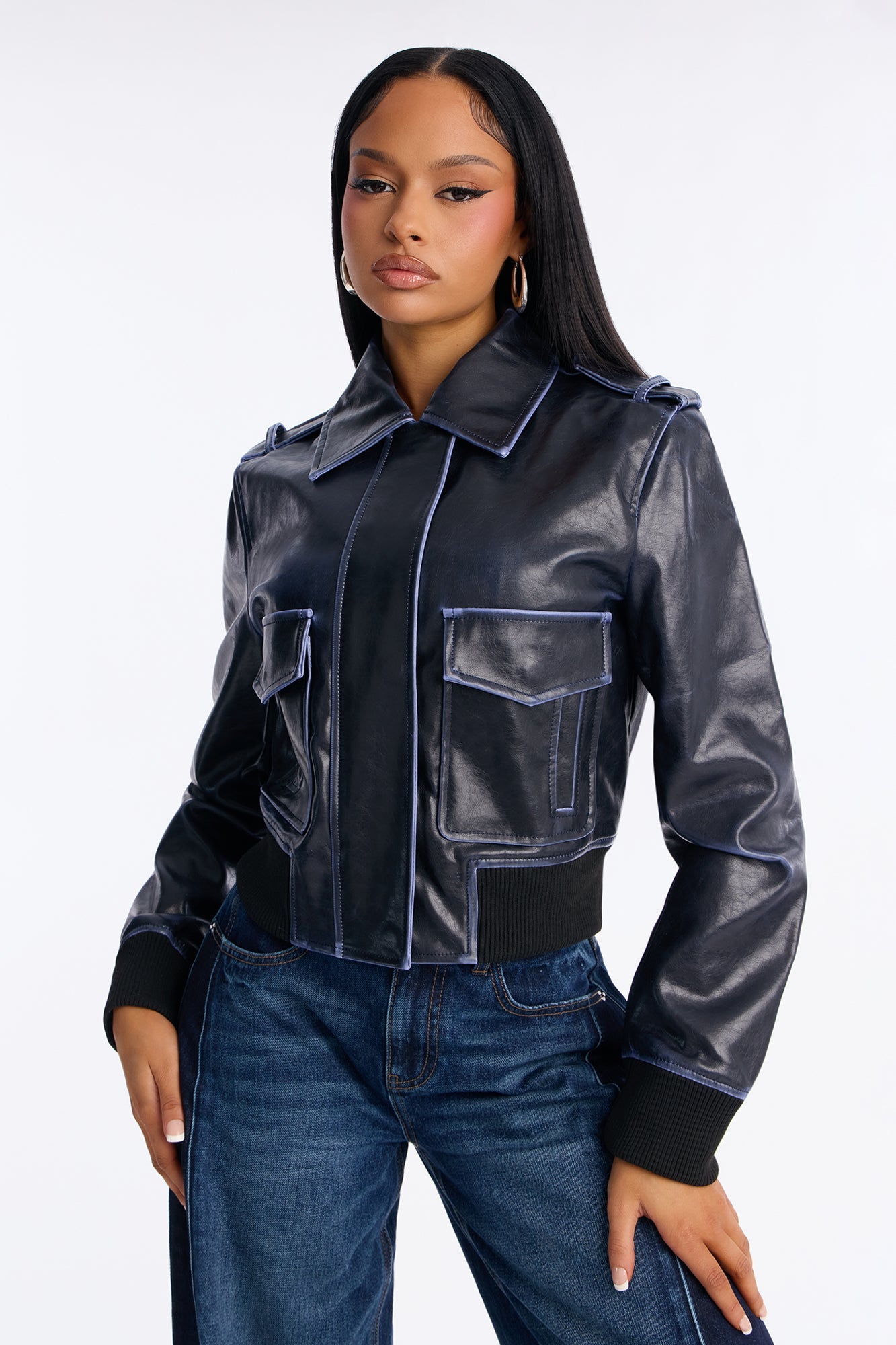 Stevie Cropped Washed Faux Leather Bomber Jacket - Navy
