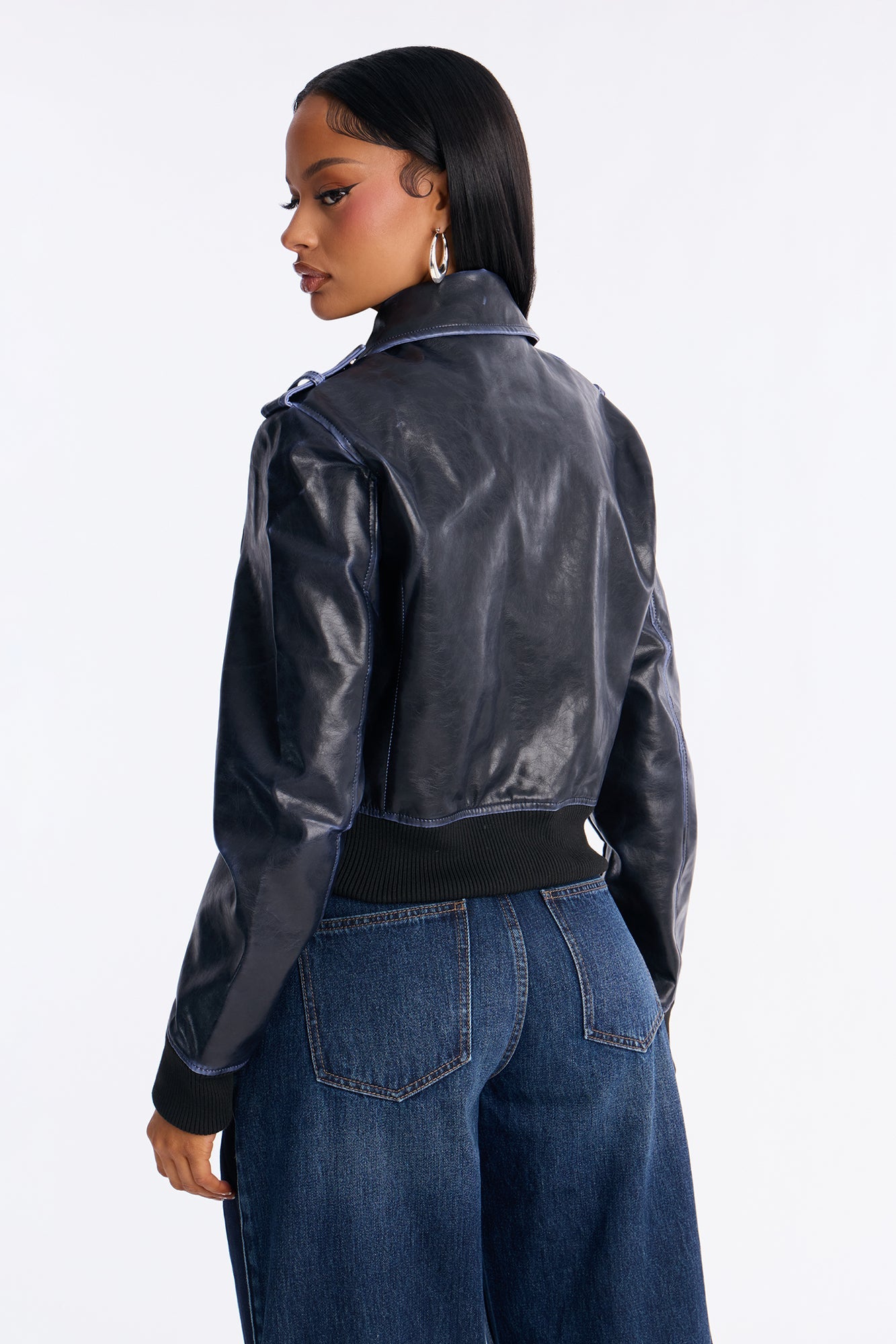 Stevie Cropped Washed Faux Leather Bomber Jacket - Navy